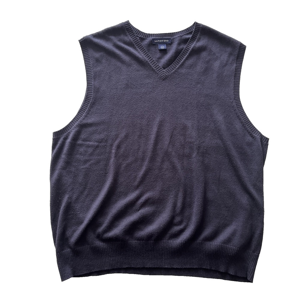 Land's End Men's Size L 42-44 Navy Blue Sweater Vest Cotton Cashmere Sleeveless